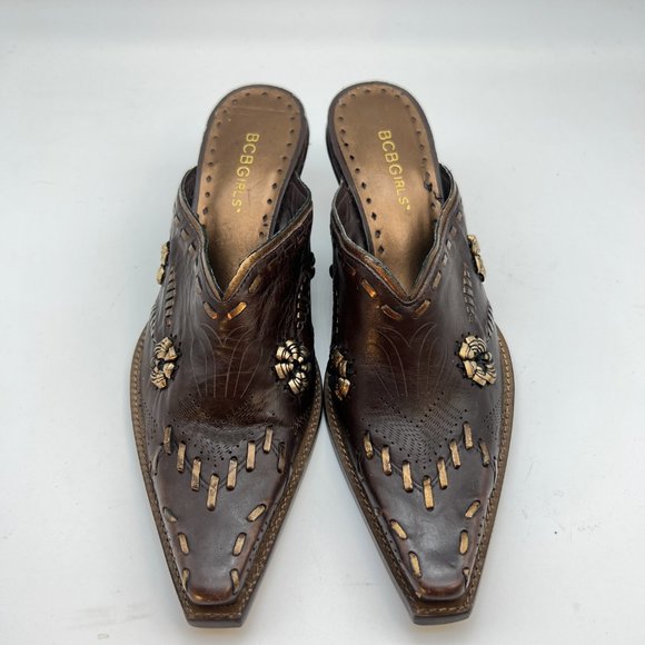 BCBGirls Western Style Mules Slip-on Square Toe Sz 7.5 Leather Upper and Sole - Picture 4 of 15